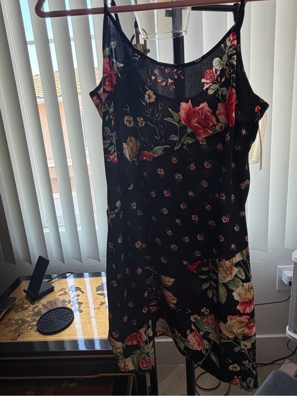 Target Black Floral Mini Slip Dress with Pink & Cream Roses